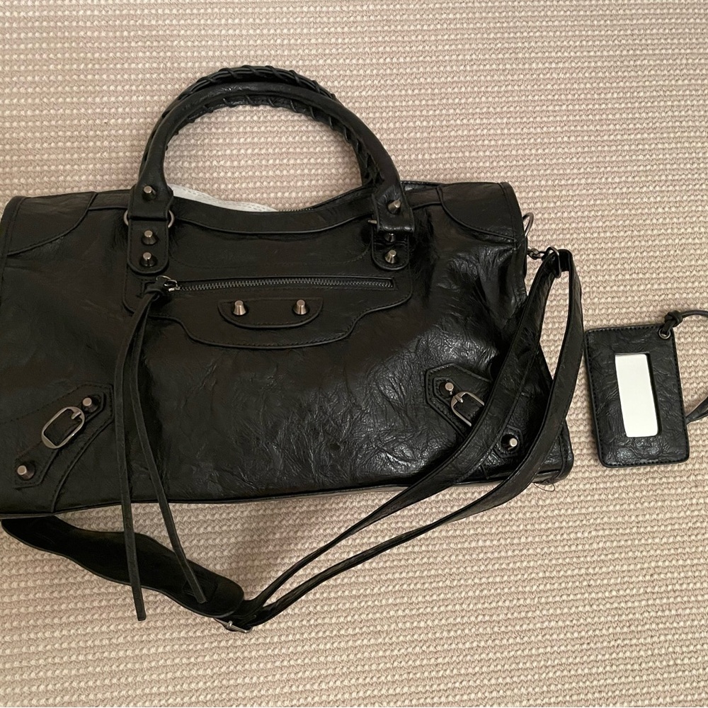 Black Leather Satchel Handbag with Detachable Strap